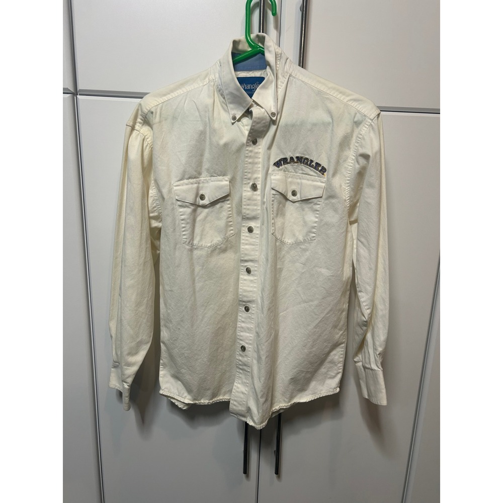Wrangler Western Button Down Shirt Mens Long Sleeve Cream Embroidered Logo Large